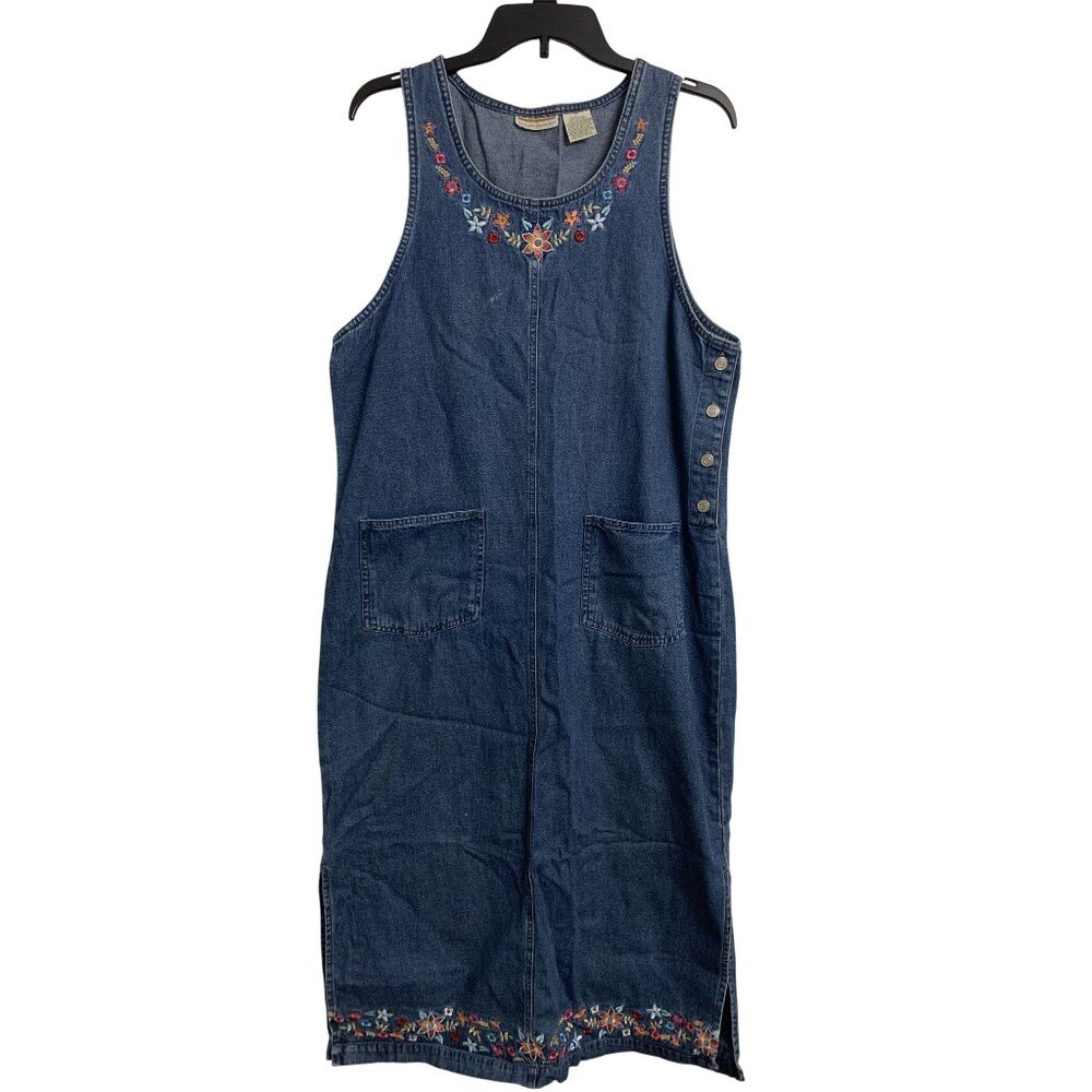 Vintage Expression Size L Denim Floral Embroidered Cotton Maxi Dress Boho Hippie